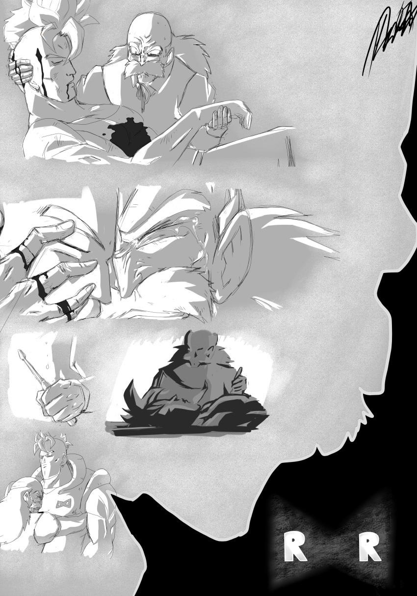 2boys, absurdres, android_16, bald, blood, closed_eyes, crying, dr._gero_(dragon_ball)