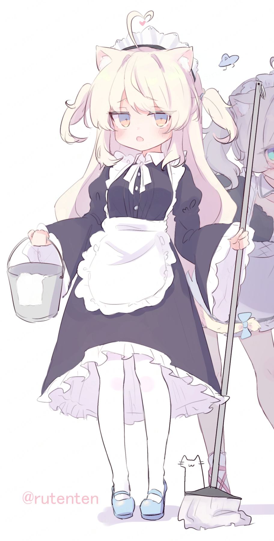 2girls, :o, ahoge, animal_ears, apron, black_dress, blonde_hair, blue_footwear