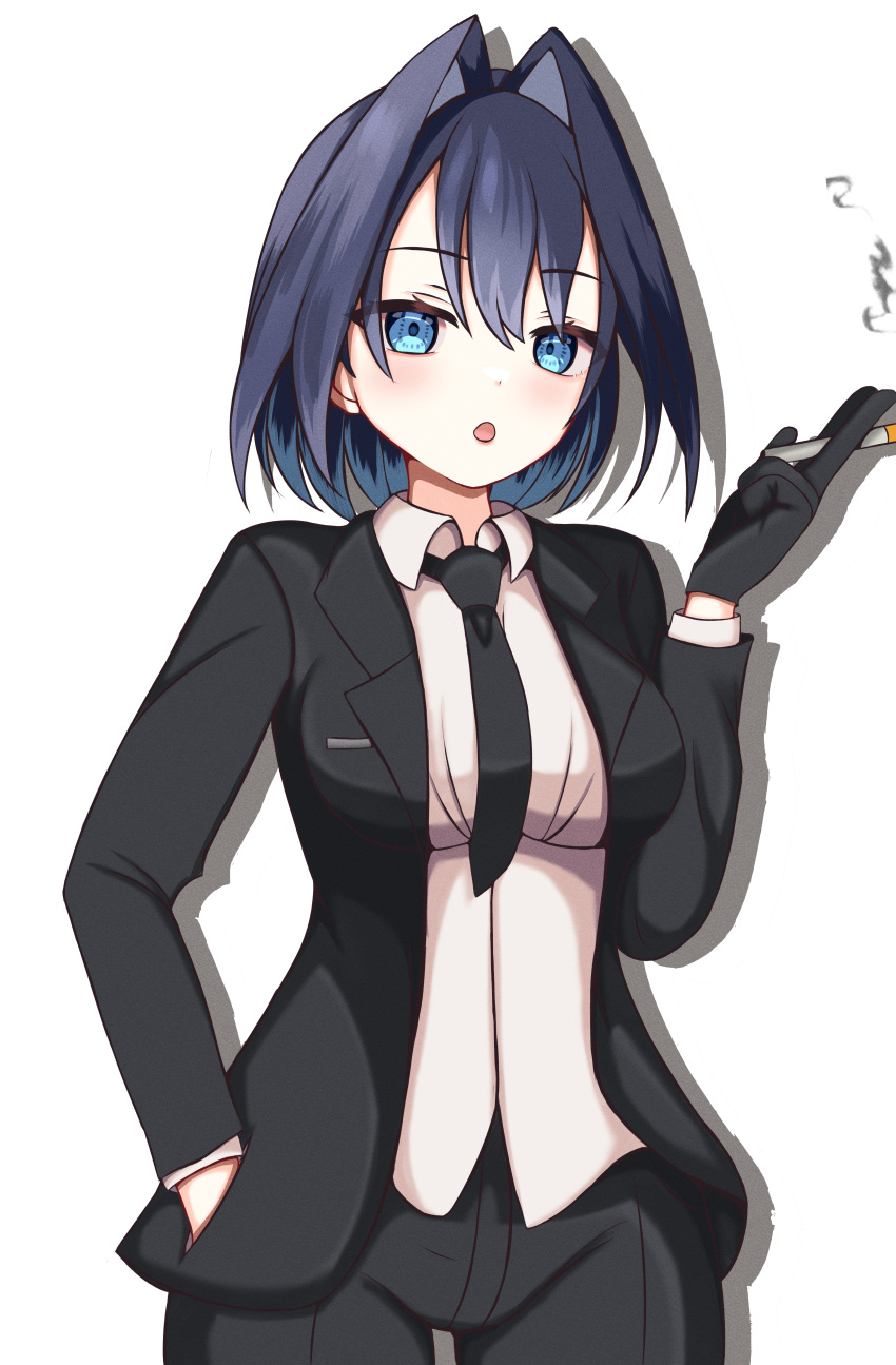 1girl, absurdres, black_gloves, black_necktie, black_pants, black_suit, blue_eyes, blue_hair
