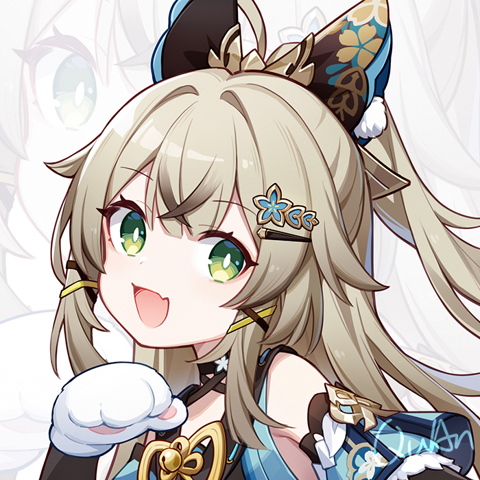 1girl, bell, brown_hair, choker, detached_sleeves, fang, genshin_impact, gloves