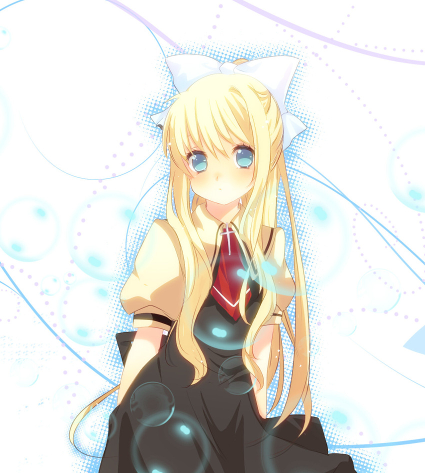 bad_id, blonde_hair, blue_eyes, bubble, hair_ribbon, highres, jpeg_artifacts, kamio_misuzu