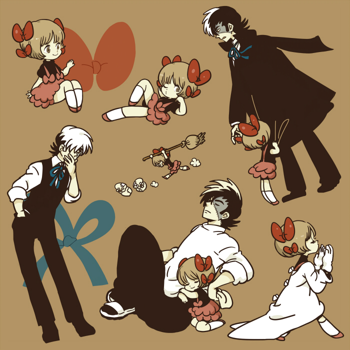 1boy, 1girl, age_difference, black_jack_(character), black_jack_(series), black_pants, black_shirt, blue_ribbon