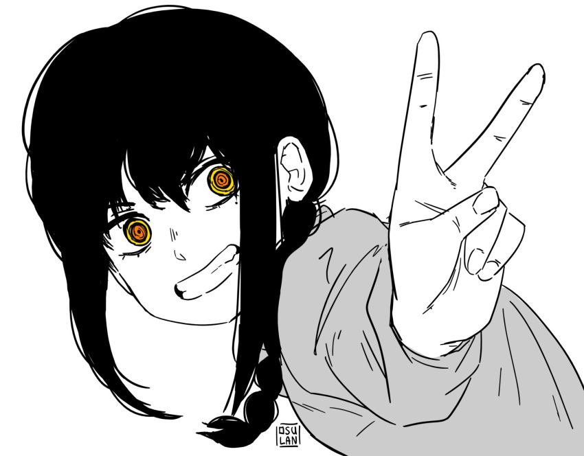 1girl, artist_name, black_hair, braid, braided_ponytail, chainsaw_man, greyscale, hair_over_shoulder