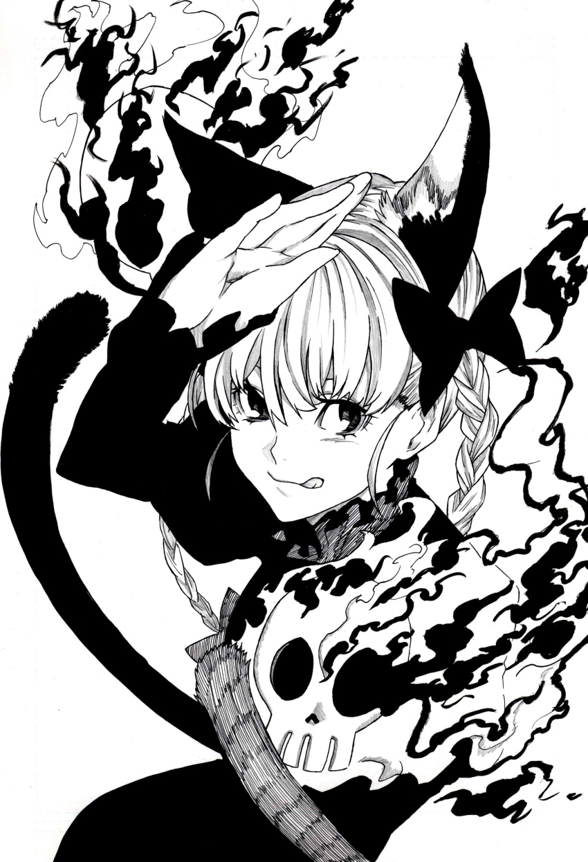 absurdres, animal_ears, bow, braid, cat_ears, cat_tail, extra_ears, eyelashes