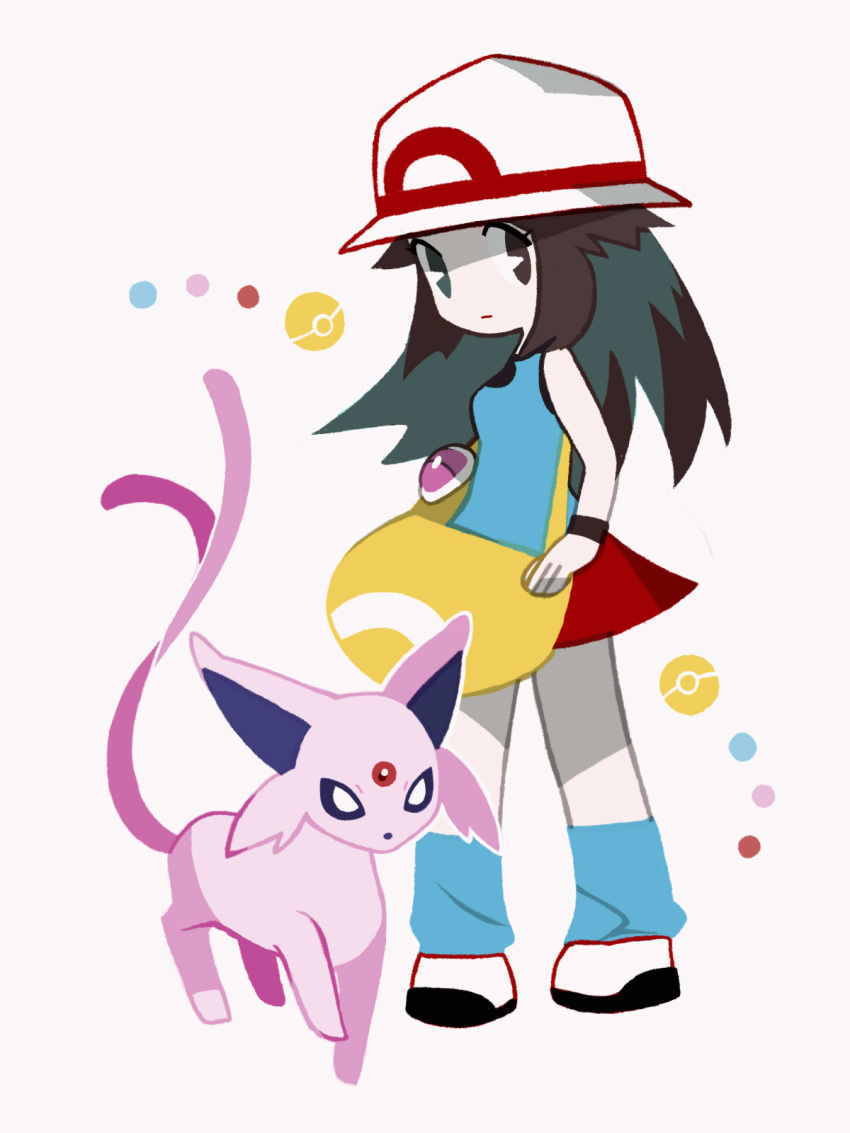 bag, black_hair, black_wristband, blue_shirt, blue_socks, creature, espeon, forehead_jewel