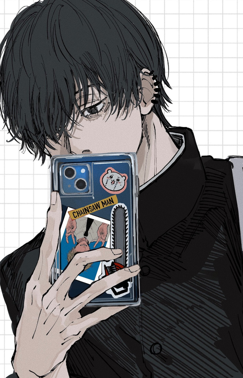 1boy, black_hair, blonde_hair, chainsaw_man, covered_mouth, denji_(chainsaw_man), ear_piercing, gakuran