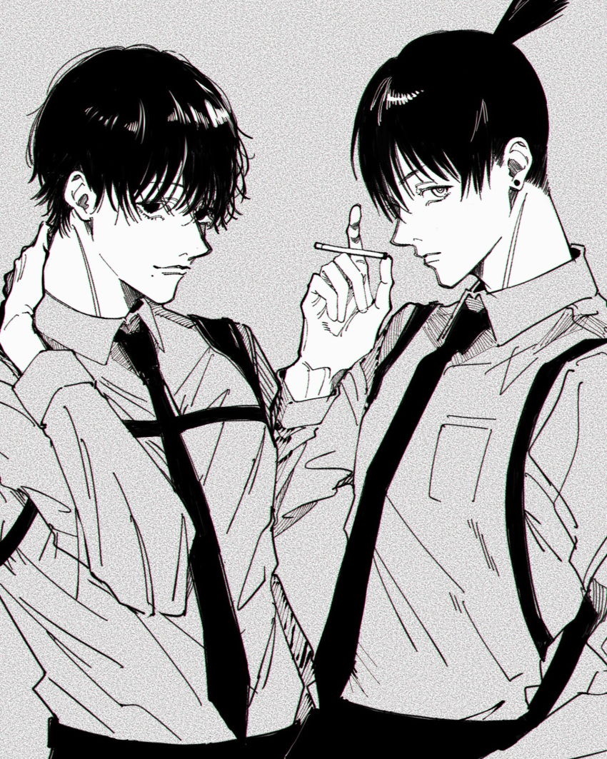 2boys, black_hair, black_necktie, black_pants, chainsaw_man, chest_belt, cigarette, collared_shirt