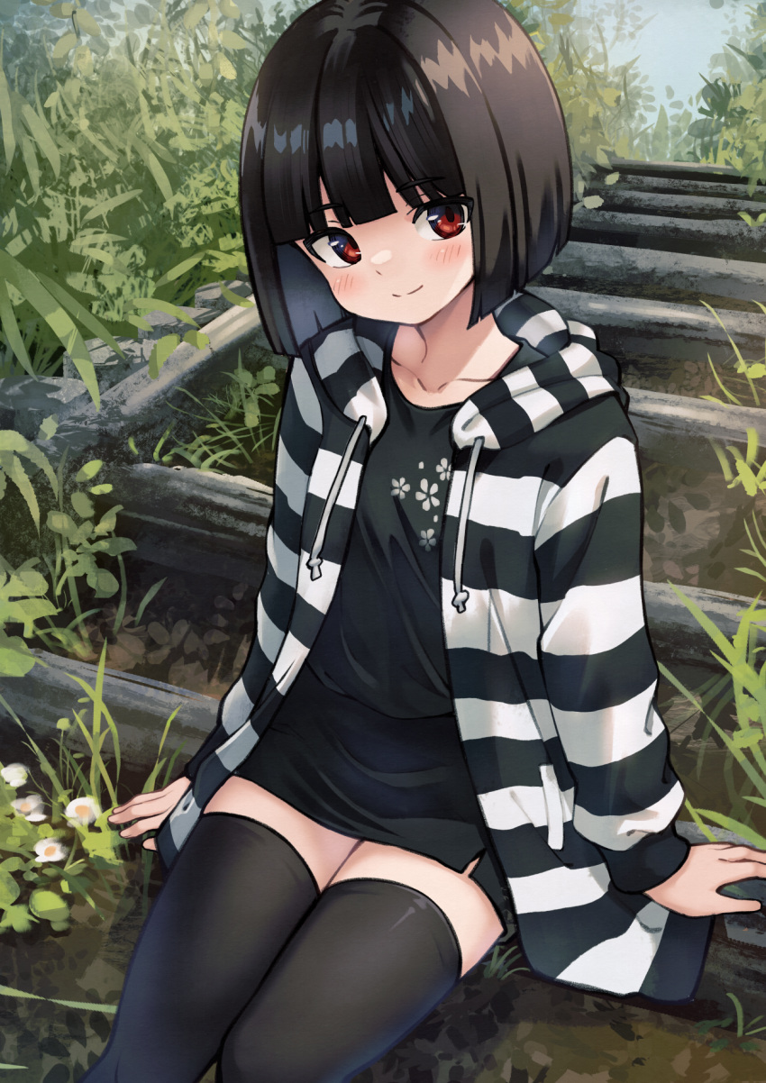 1girl, akemiho_tabi_nikki, arms_at_sides, black_dress, black_hair, black_hoodie, black_thighhighs, blunt_bangs