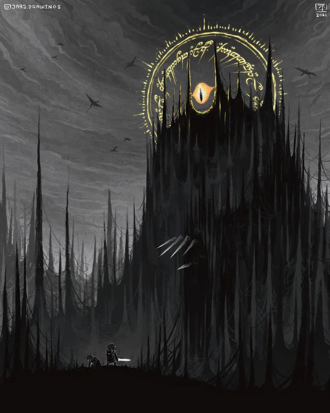 apocalypse, bad_end, black_cloak, cloak, curly_hair, divine_entity, eye_of_sauron, fantasy