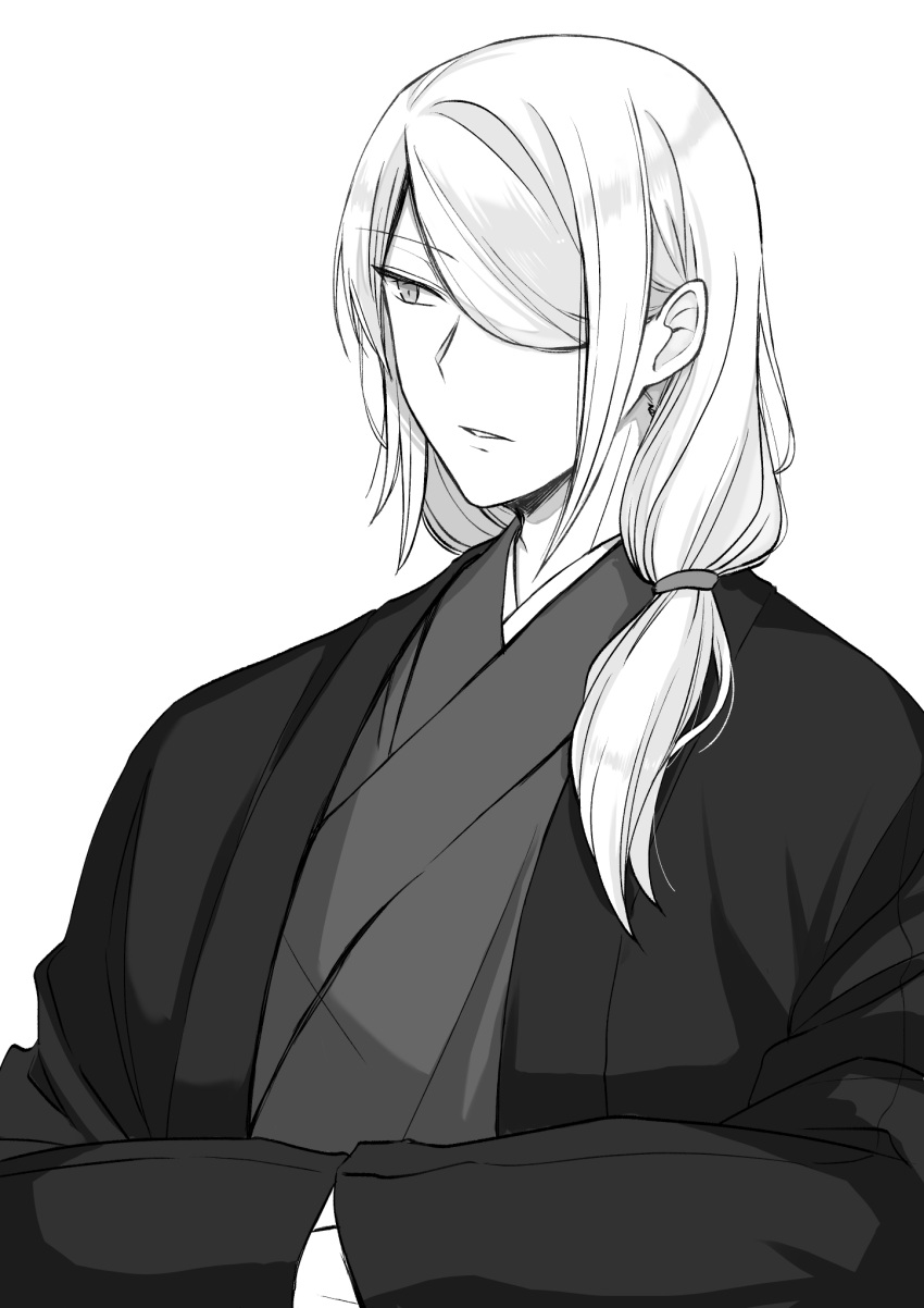 1boy, 96rin_go2, alternate_costume, alternate_hairstyle, commentary_request, hair_over_one_eye, hands_in_opposite_sleeves, highres, japanese_clothes, kimono, male_focus, medium_hair, monochrome, one_eye_covered, pokemon, pokemon_(game), pokemon_legends:_arceus, simple_background, solo, upper_body, volo_(pokemon), white_background