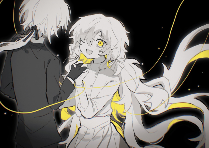 1boy, 1girl, black_background, black_gloves, black_jacket, black_ribbon, blonde_hair, charlotte_wiltshire