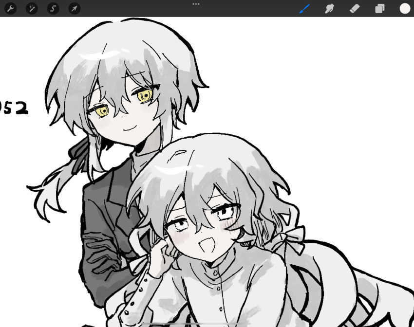 1boy, 1girl, black_gloves, black_jacket, black_ribbon, blush, charlotte_wiltshire, charlotte_wiltshire_(q84)