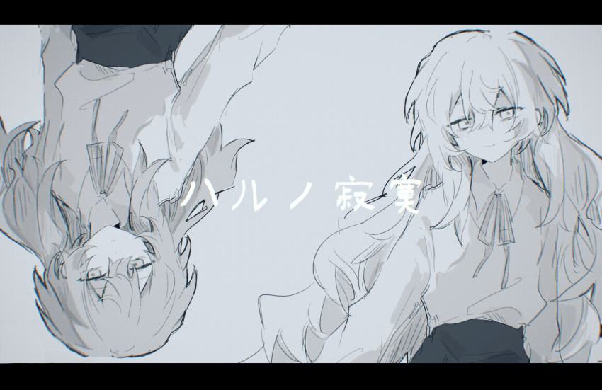 1girl, black_skirt, blouse, charlotte_wiltshire, closed_mouth, expressionless, facing_viewer, grey_background