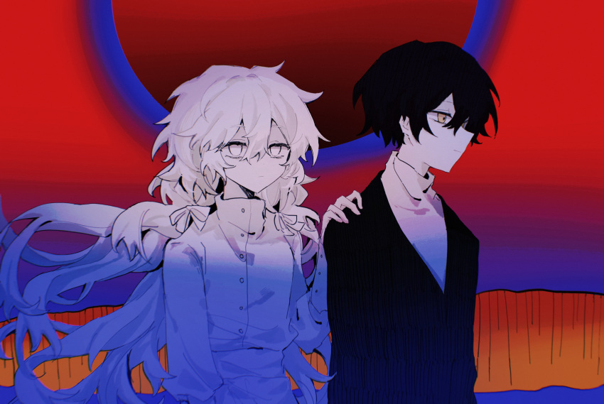 1boy, 1girl, black_background, black_hair, black_jacket, blue_background, bow, charles_eyler