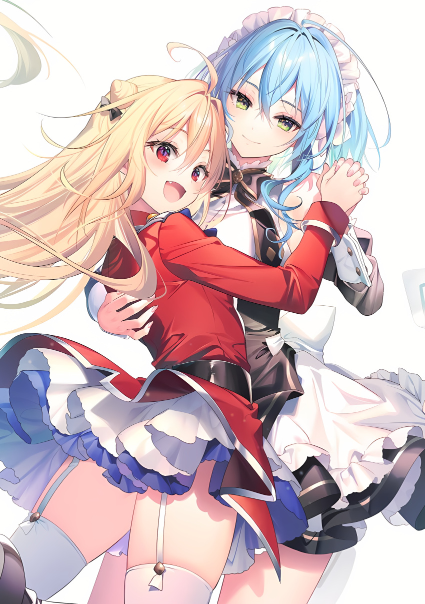 2girls, absurdres, blonde_hair, blue_hair, breasts, fang, green_eyes, highres