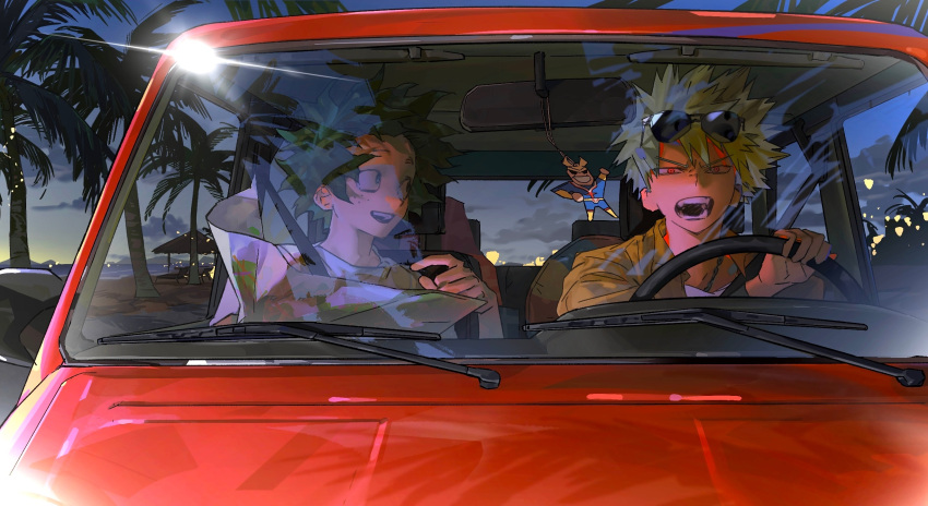 2boys, all_might, alternate_costume, bakugou_katsuki, beach, beach_chair, blonde_hair, blue_sky