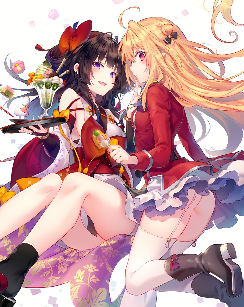 2girls, absurdres, ahoge, amatsu_karla, ass, black_hair, blonde_hair, breasts