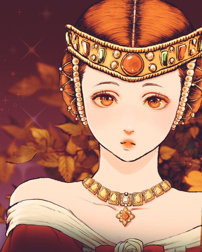 1girl, bare_shoulders, beads, berserk, brown_hair, charlotte_(berserk), collarbone, hair_ornament