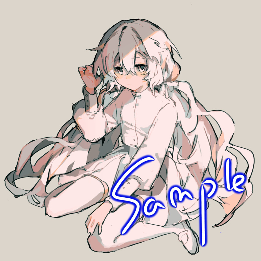 1girl, bow, charlotte_wiltshire, charlotte_wiltshire_(q84), closed_mouth, full_body, hair_bow, hello_charlotte, highres, long_hair, long_sleeves, looking_at_viewer, low_twintails, miyy_ddd9999, pale_skin, shirt, sitting, skirt, solo, thigh-highs, twintails, wariza, wavy_hair, white_bow, white_eyes, white_footwear, white_hair, white_shirt, white_skirt, white_thighhighs