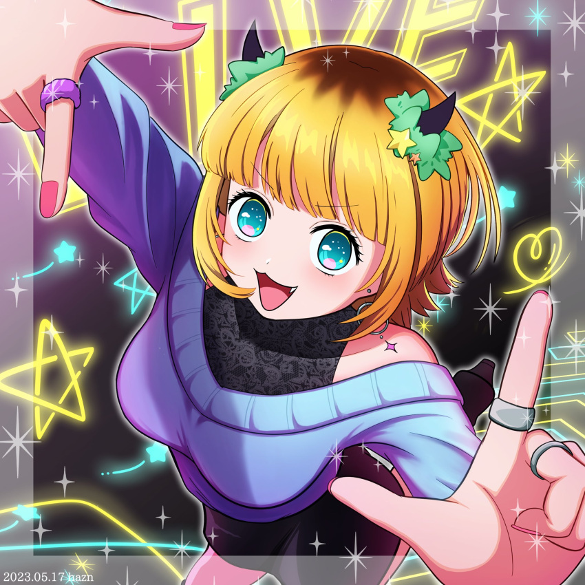 1girl, black_skirt, blonde_hair, blue_eyes, blue_sweater, blunt_bangs, earrings, fake_horns, fang, haz_hazn, highres, hoop_earrings, horns, jewelry, memcho, multiple_rings, off-shoulder_sweater, off_shoulder, open_mouth, oshi_no_ko, pencil_skirt, pink_nails, ring, short_hair, skirt, smile, solo, star_(symbol), sweater