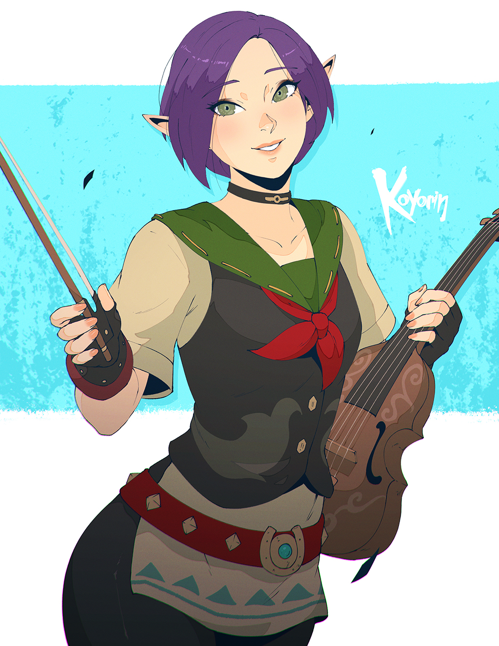 belt, black_choker, black_gloves, blue_background, blush, bow, bow_(music), bowtie, choker, gloves, green_eyes, highres, holding, holding_instrument, instrument, koyorin, pink_nails, pointy_ears, purple_hair, simple_background, smile, the_legend_of_zelda, the_legend_of_zelda:_tears_of_the_kingdom, violin, violynne