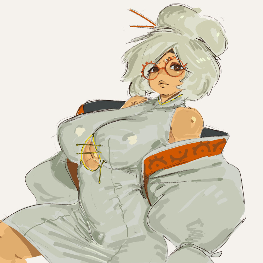 1girl, bare_shoulders, breasts, brown_eyes, glasses, highres, khentaiu, lips