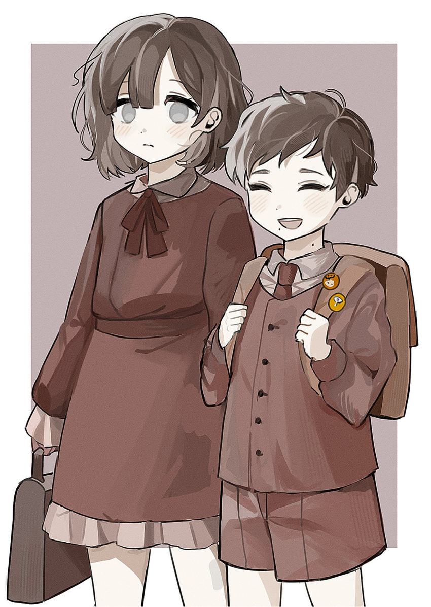 1boy, 1girl, aged_down, backpack, bag, border, brother_and_sister, brown_background