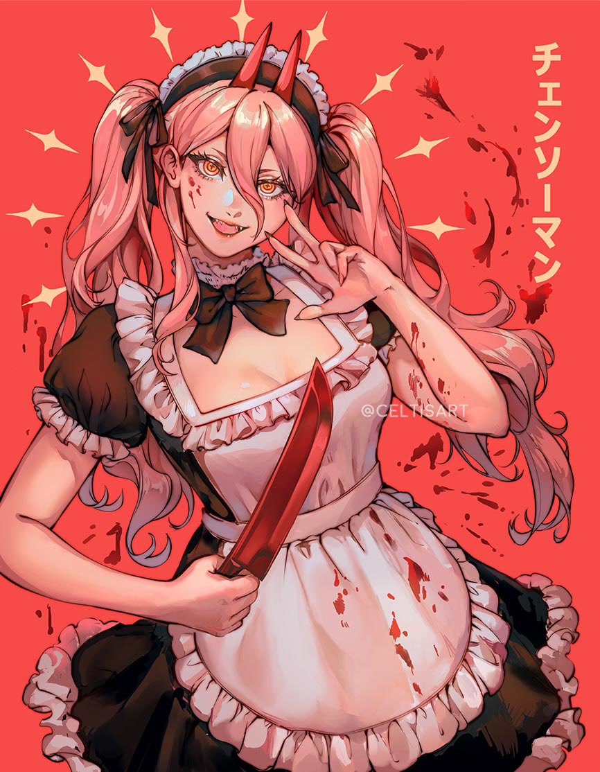 1girl, alternate_hairstyle, apron, black_bow, black_bowtie, blood, blood_on_arm, blood_on_clothes, blood_on_face, blood_spray, bow, bowtie, celtisart, chainsaw_man, cross-shaped_pupils, frilled_apron, frills, holding, holding_knife, horns, knife, long_hair, looking_at_viewer, maid, maid_apron, maid_headdress, open_mouth, power_(chainsaw_man), red_background, red_eyes, red_horns, sharp_teeth, simple_background, smile, solo, symbol-shaped_pupils, teeth, twintails, twitter_username, v, white_apron