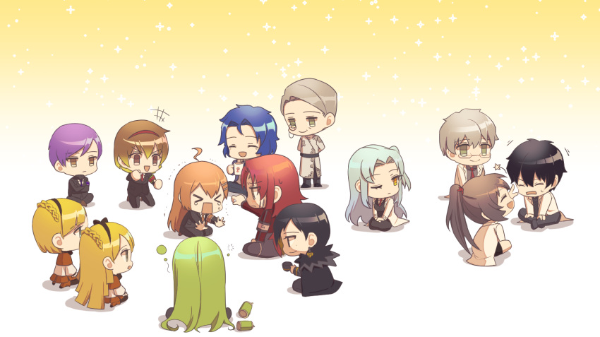 >_<, +++, 6+boys, 6+girls, ahoge, angela_(project_moon), aqua_eyes, armband