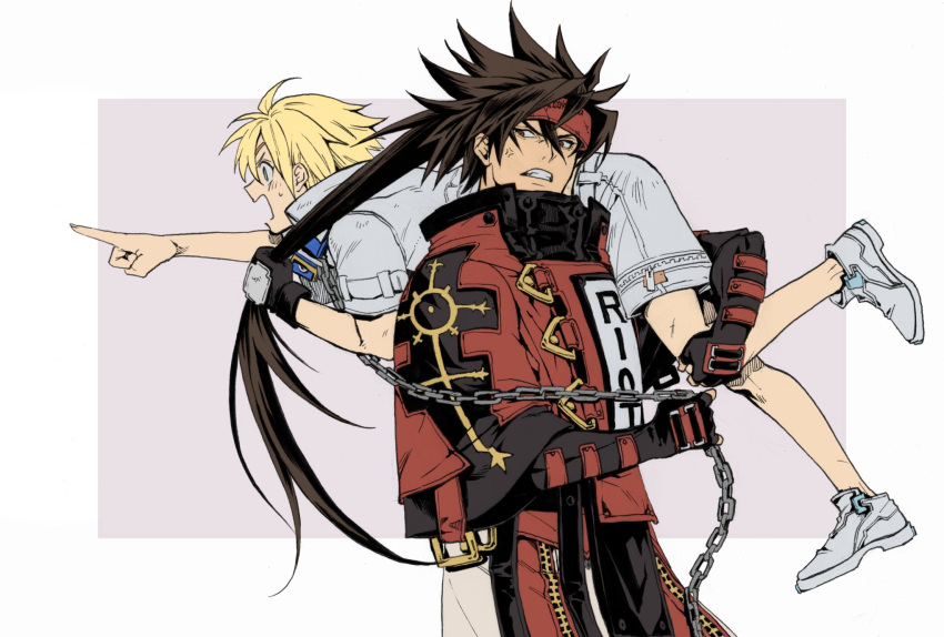 2boys, aged_down, anger_vein, blonde_hair, blue_eyes, brown_hair, fingerless_gloves, forehead_protector, gloves, grandfather_and_grandson, guilty_gear, guilty_gear_2, headband, highres, lamp9229, long_hair, long_sleeves, male_focus, multiple_boys, muscular, muscular_male, open_mouth, ponytail, red_eyes, short_hair, sin_kiske, smile, sol_badguy, spiky_hair