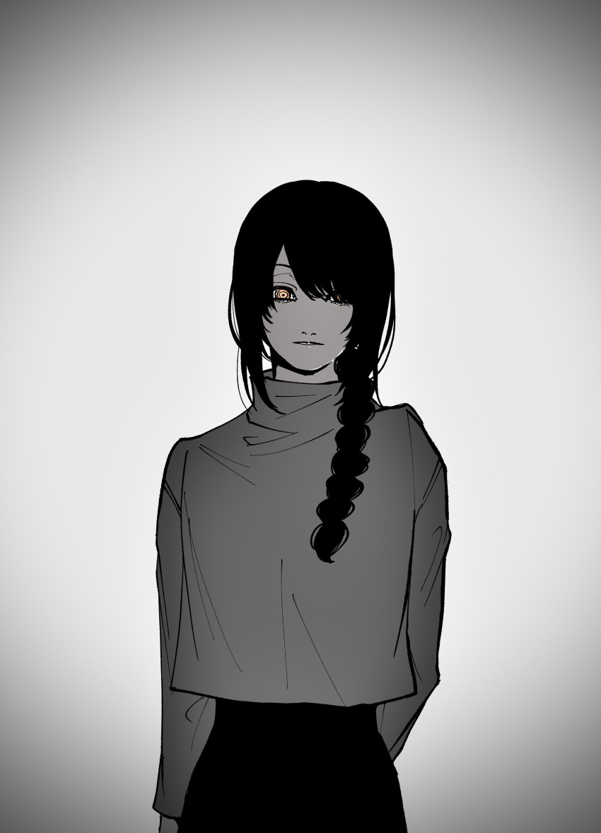 1girl, absurdres, braid, braided_ponytail, chainsaw_man, gradient_background, greyscale, gyunyu_gokugoku, hair_over_shoulder, highres, looking_at_viewer, medium_hair, monochrome, nayuta_(chainsaw_man), ringed_eyes, solo, spot_color, sweater, yellow_eyes