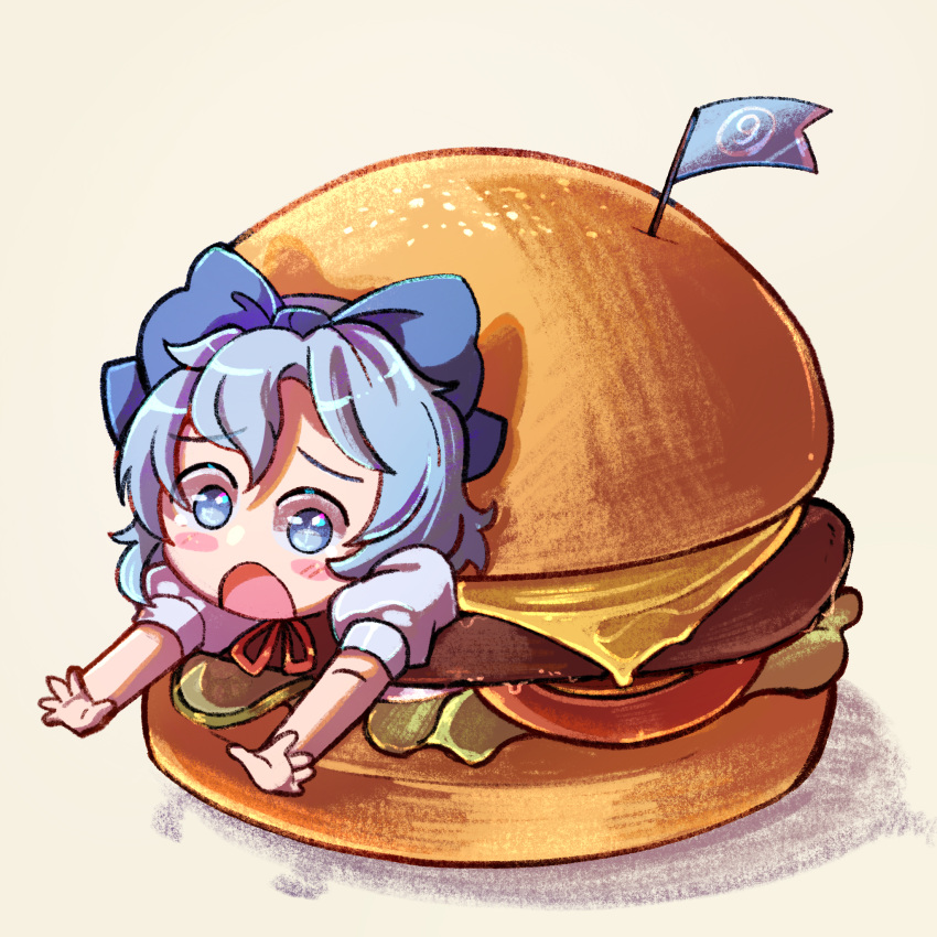 1girl, blue_bow, blue_eyes, blue_hair, bow, burger, cheese, circled_9