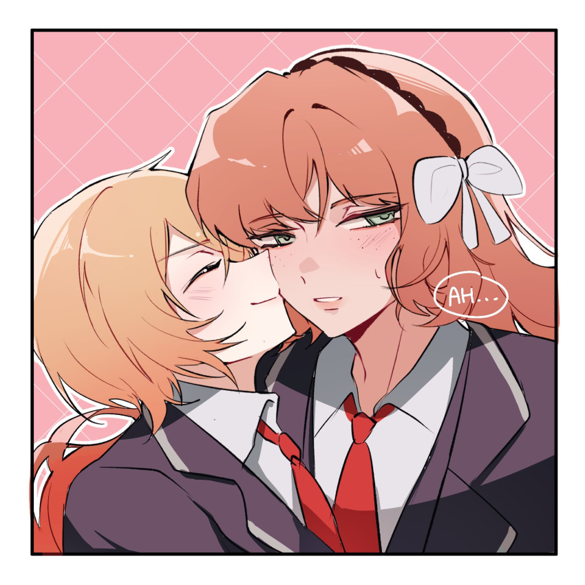 2girls, black_hairband, black_jacket, blonde_hair, blush, bow, closed_eyes, collared_shirt