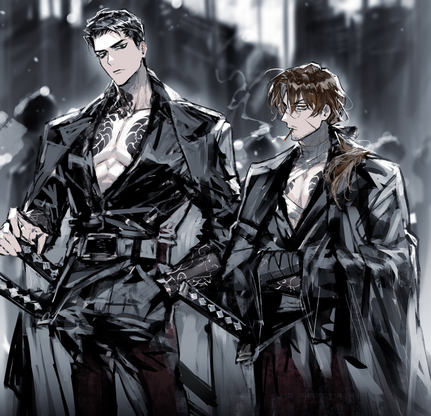 2boys, arm_tattoo, belt, black_belt, black_coat, black_eyes, black_hair, black_jacket