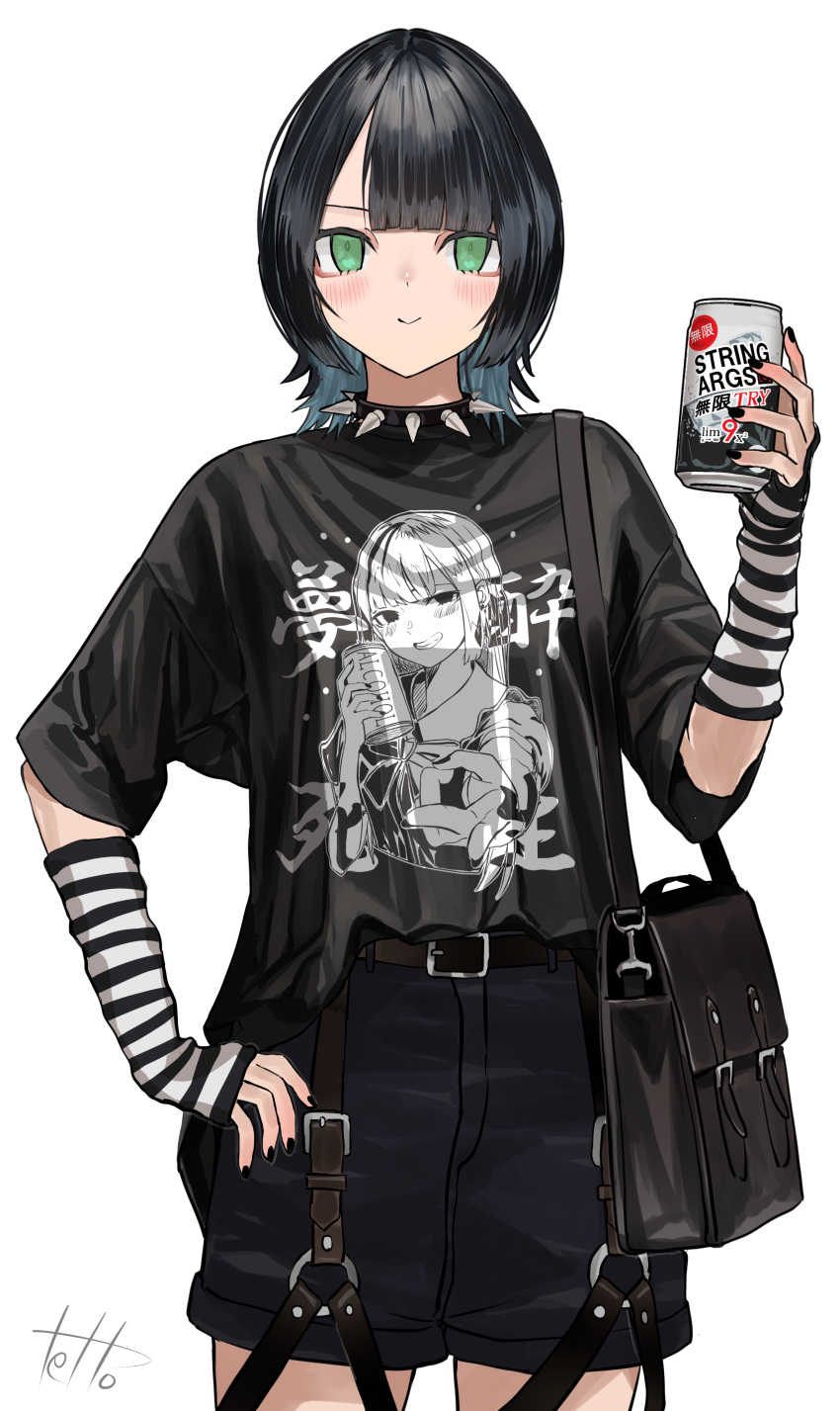 1girl, absurdres, arm_warmers, bag, black_hair, black_nails, black_shirt, black_shorts
