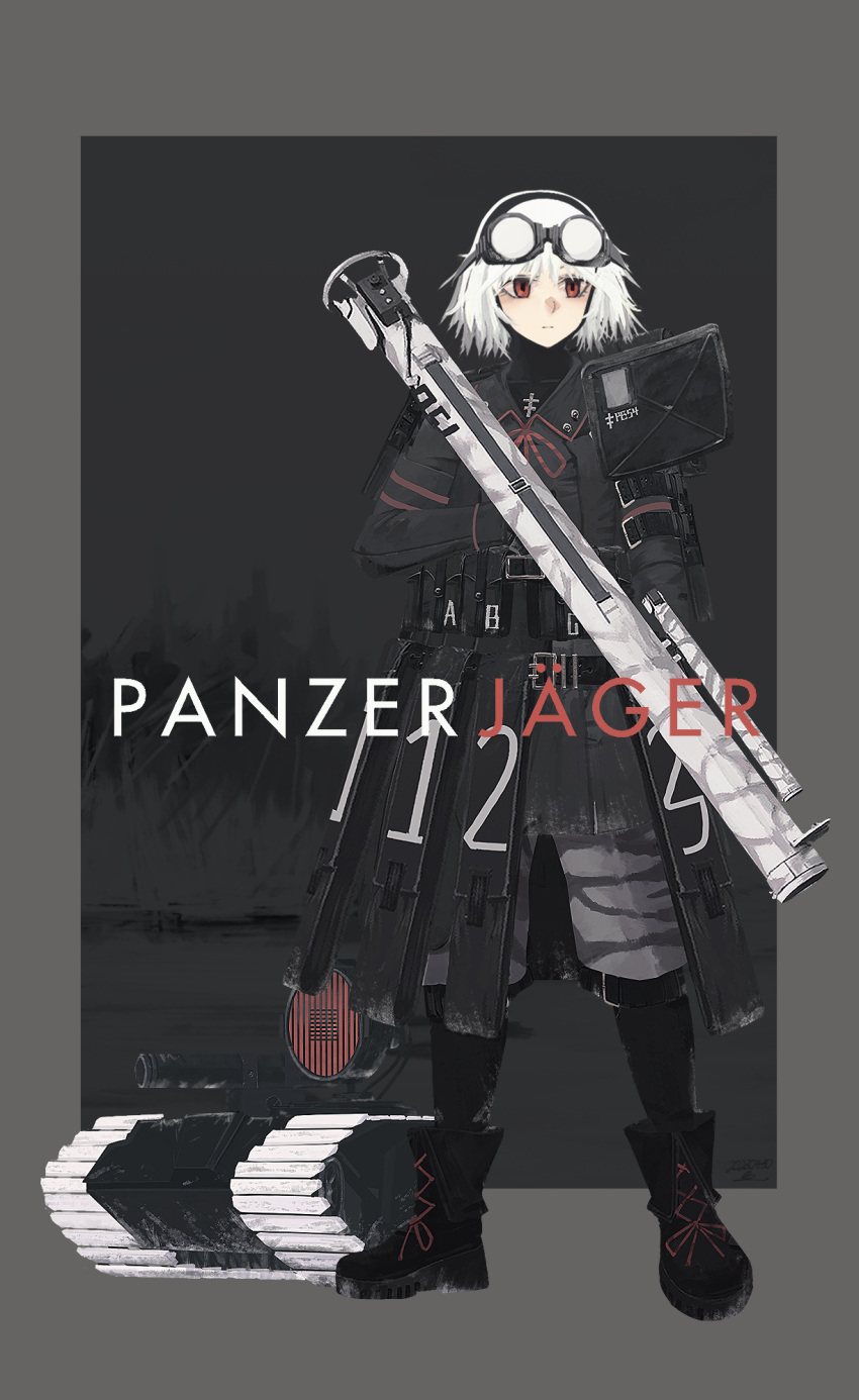 1girl, black_coat, black_footwear, boots, border, camouflage, camouflage_pants, caterpillar_tracks