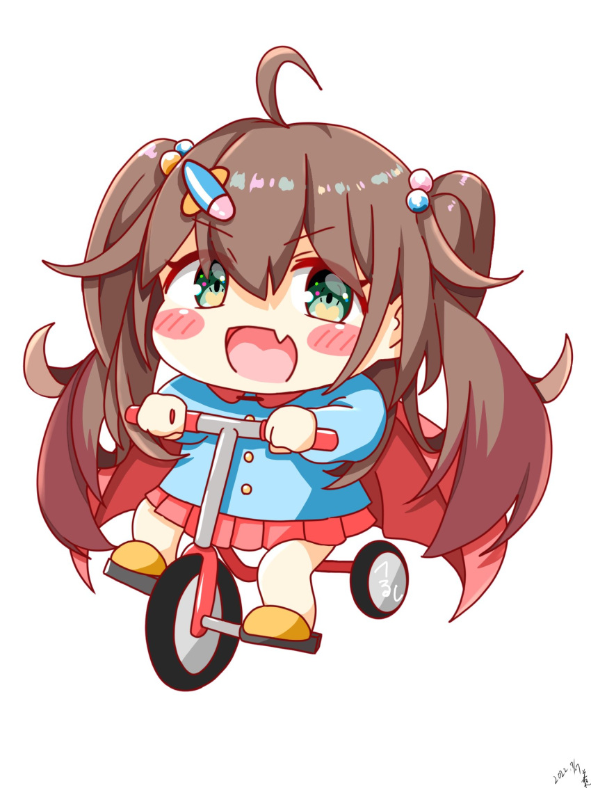 1girl, blush, brown_hair, cape, chibi, dasono777, fang, green_eyes