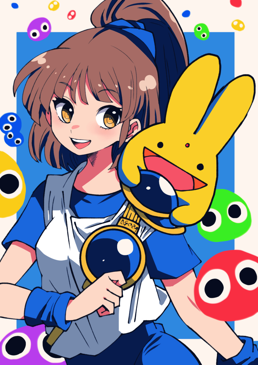 1boy, 1girl, arle_nadja, batchgooya, brown_hair, carbuncle_(puyopuyo), highres, looking_at_viewer