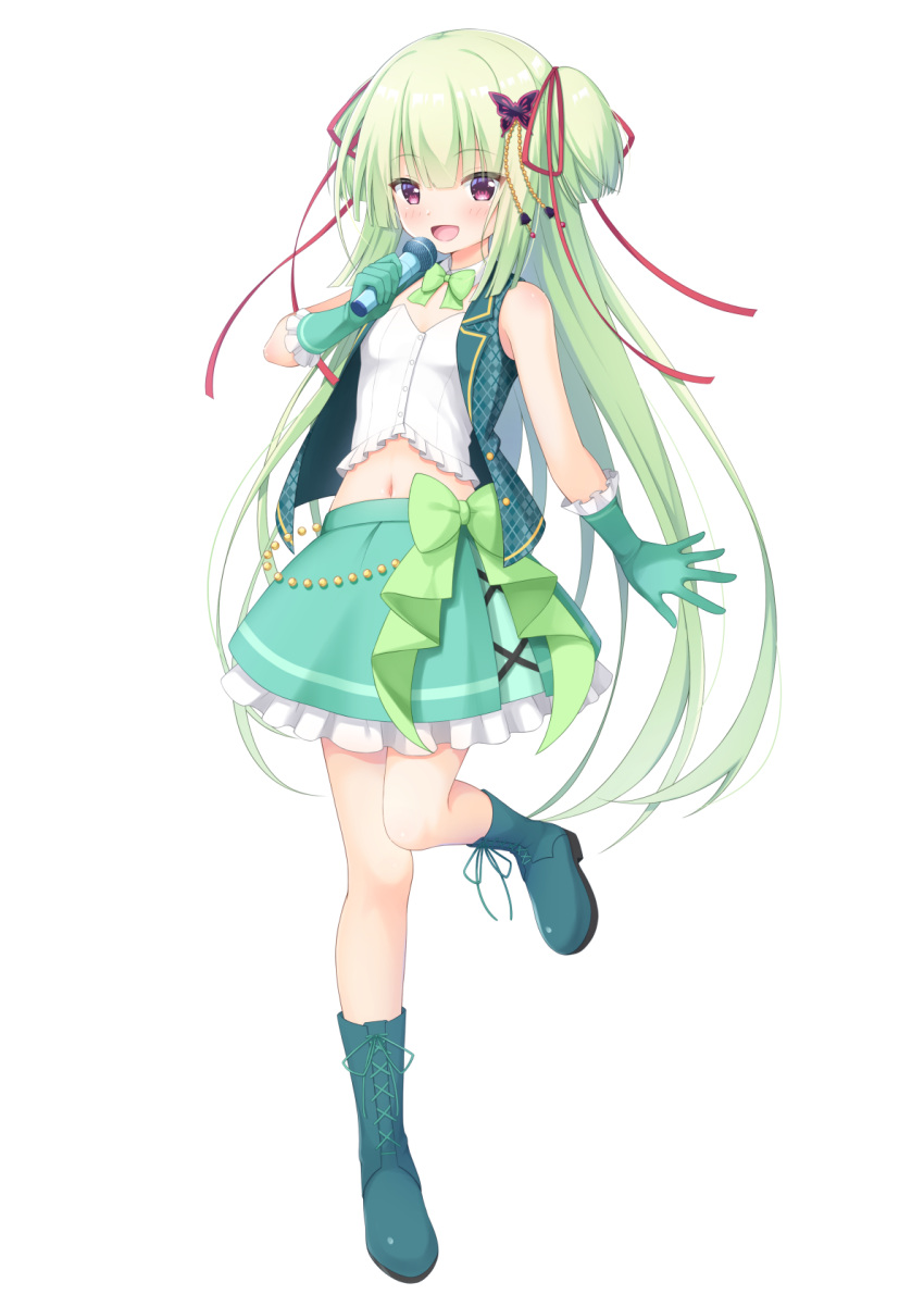 1girl, 7fuji_06, :d, aqua_skirt, bare_shoulders, bell, blue_footwear, blunt_bangs