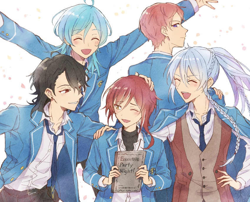5boys, ahoge, aqua_hair, belt, black_hair, black_necktie, black_shirt, blazer
