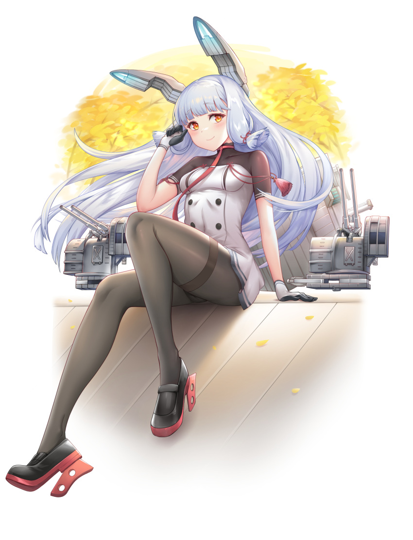 1girl, black_pantyhose, breasts, chaun, dress, floating_headgear, full_body, grey_hair