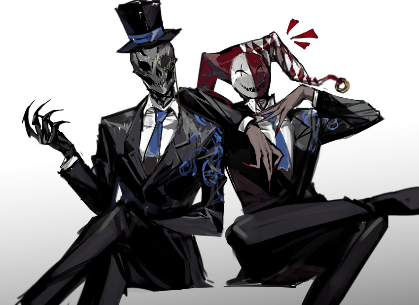 2boys, absurdres, black_headwear, black_jacket, black_pants, blue_necktie, claws, collared_shirt