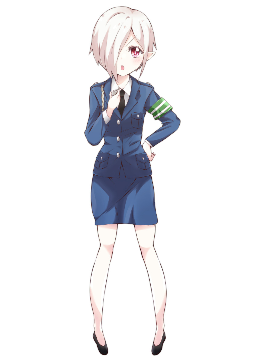 1girl, absurdres, alternate_costume, blush, breasts, full_body, hair_over_one_eye, hand_on_own_hip