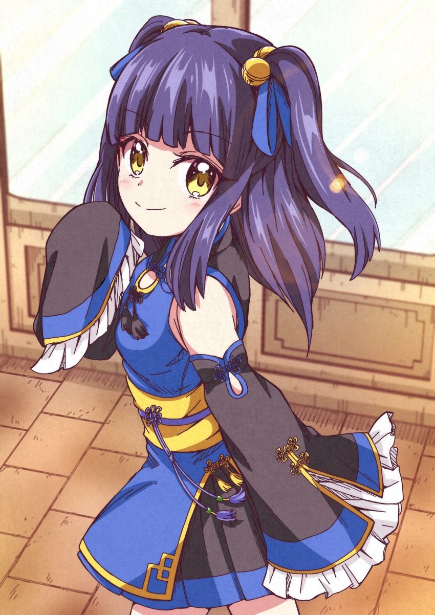 1girl, absurdres, bare_shoulders, bell, blue_hair, blush, breasts, chinese_clothes