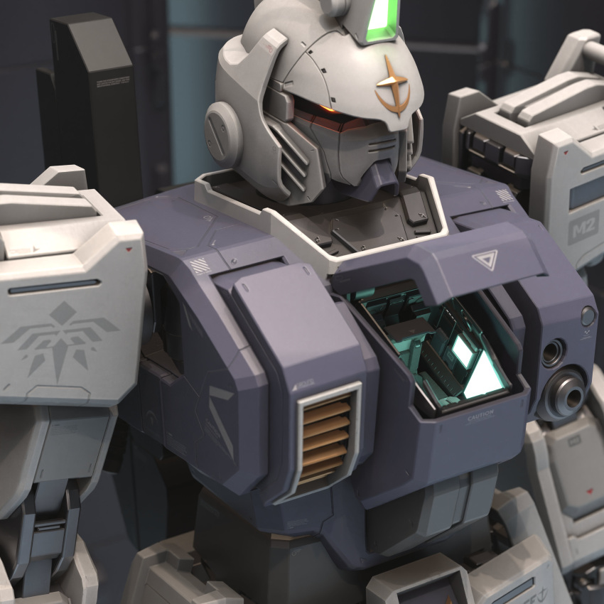 3d, absurdres, blender_(medium), cockpit, earth_federation, emblem, english_commentary, ground_gundam_type_s, gun, gundam, hangar, highres, light, machine_gun, machinery, mecha, mjeff, mobile_suit, muzzle, no_humans, open_hatch, original, redesign, robot, science_fiction, screen, upper_body, weapon