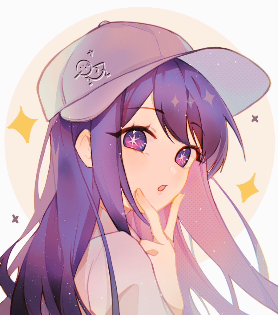 1girl, commentary, english_commentary, grey_headwear, grey_shirt, hat, hoshino_ai_(oshi_no_ko), long_hair