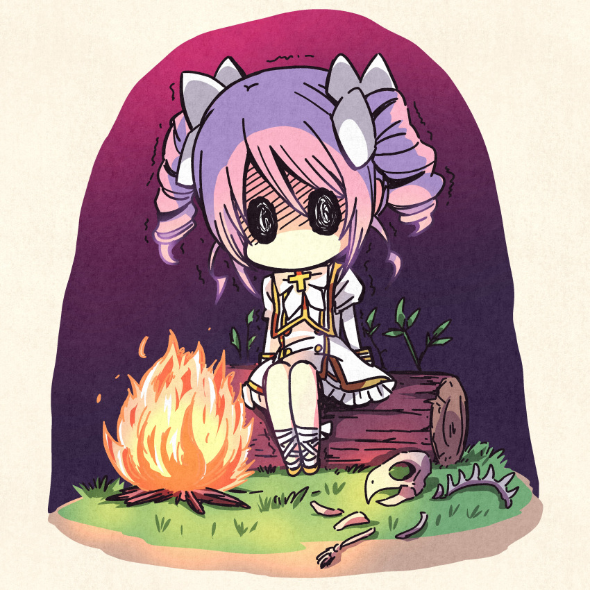 1girl, absurdres, black_eyes, blush, bone, campfire, chibi, drill_hair