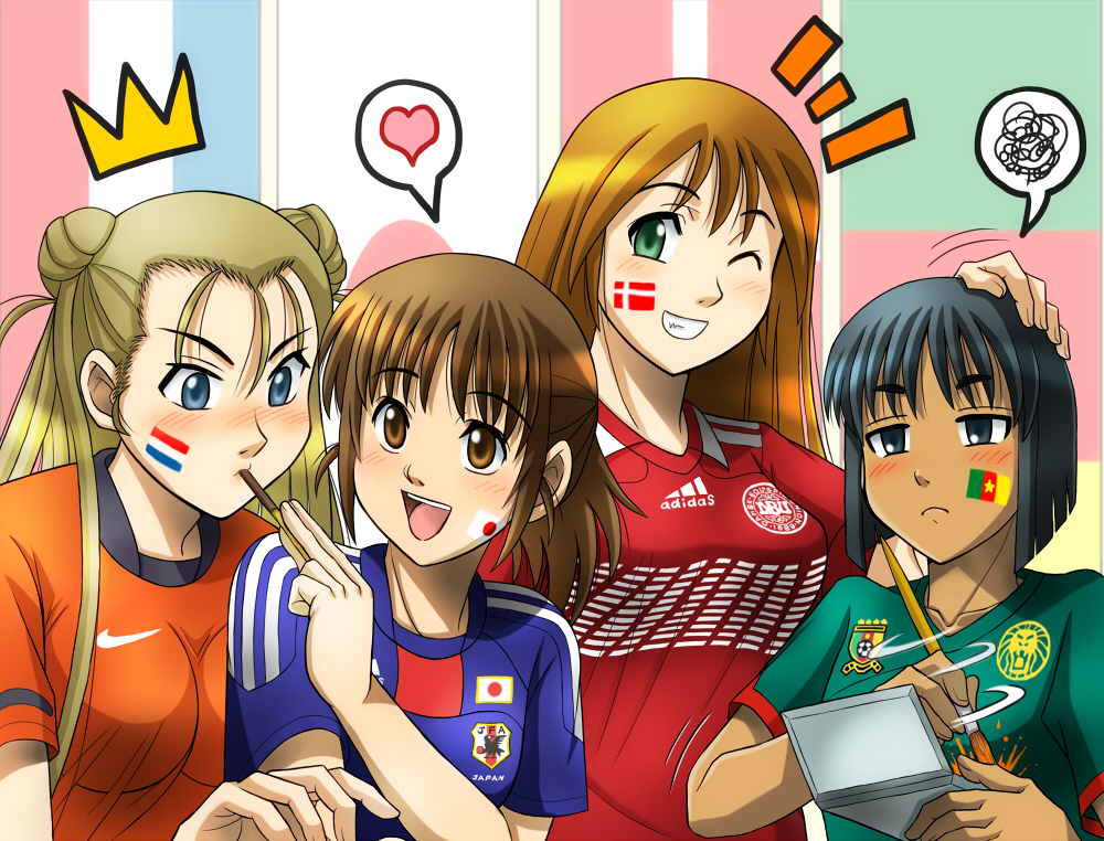 2010_fifa_world_cup, 4girls, adidas, black_eyes, black_hair, blonde_hair, blue_eyes, blush