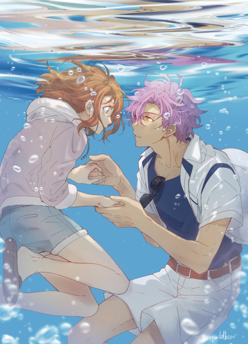 1boy, 1girl, air_bubble, anzu_(ensemble_stars!), artist_name, belt, belt_buckle, blue_eyes