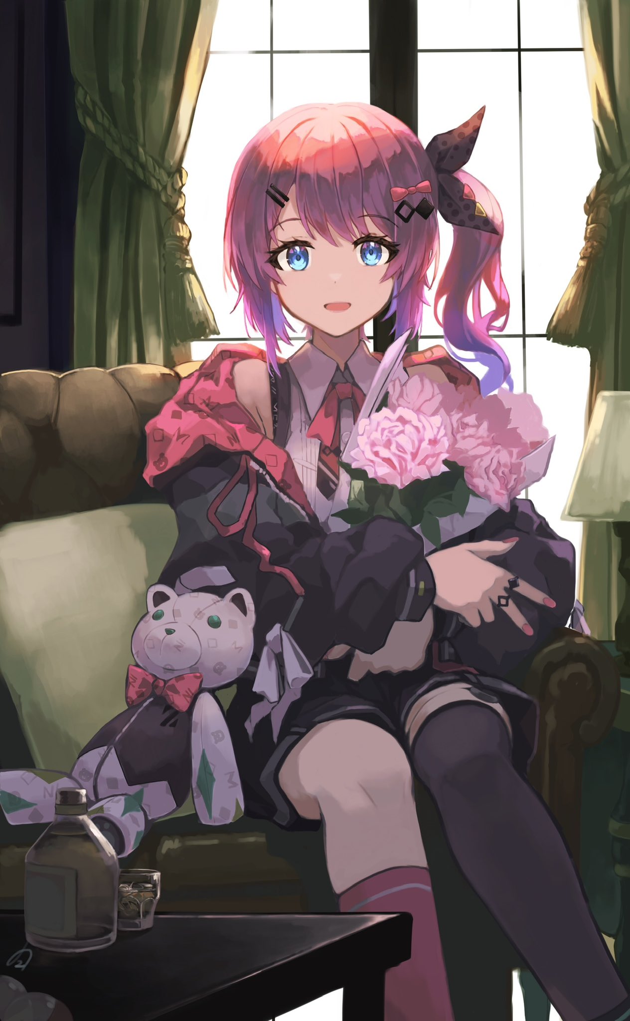1girl, asymmetrical_legwear, black_jacket, black_shorts, black_thighhighs, blue_eyes, bouquet, collared_shirt